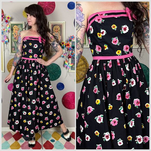 Vintage 1980s Black and Pink Floral Strapless Wide Leg Palazzo Jumpsuit - Picture 1 of 10